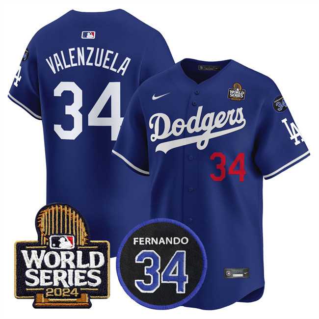 Mens Los Angeles Dodgers #34 Toro Valenzuela Royal 2024 World Series With Fernando Memorial Patch Limited Stitched Baseball Jersey